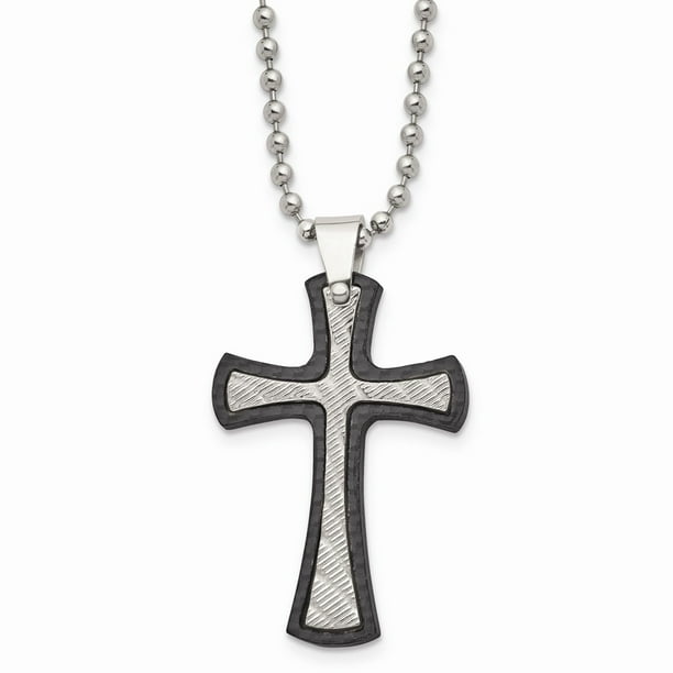 Stainless Steel Polished Solid Black Carbon Fiber Cross Crucifix Necklace Stainless Steel Polished Solid Black Carbon Fiber Cross Crucifix Necklace